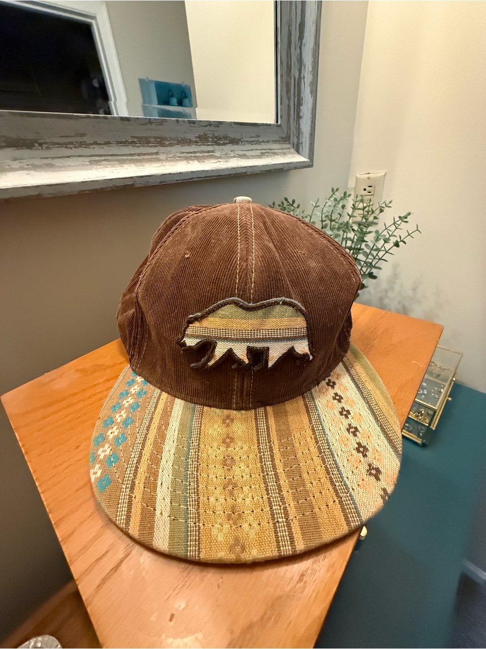 Grassroots California Brown Corduroy Baseball Cap with Striped Pattern and Bear